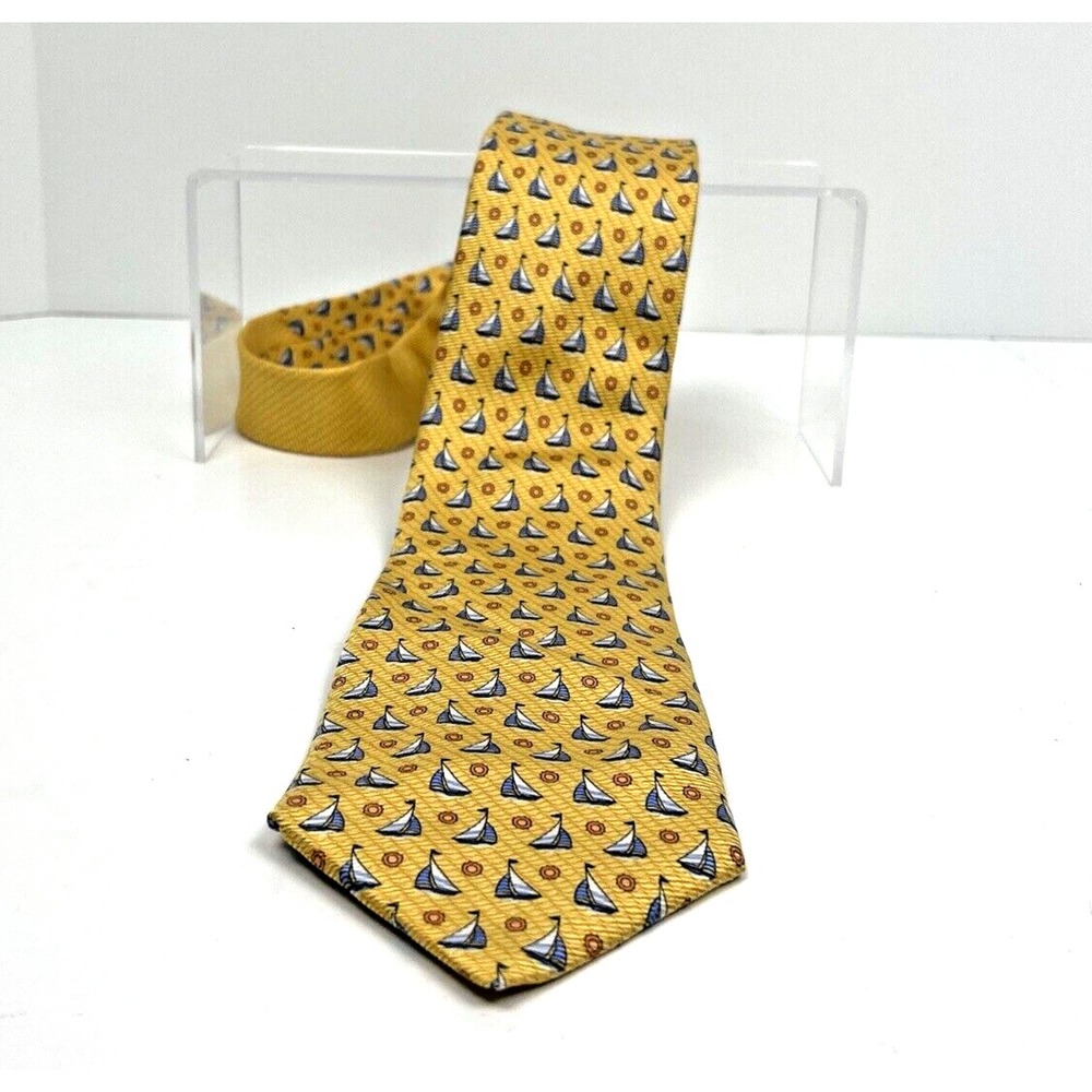 Tommy Hilfiger Silk Tie Yellow Blue Sailboats Geometric Men Necktie 62" x 3.5"